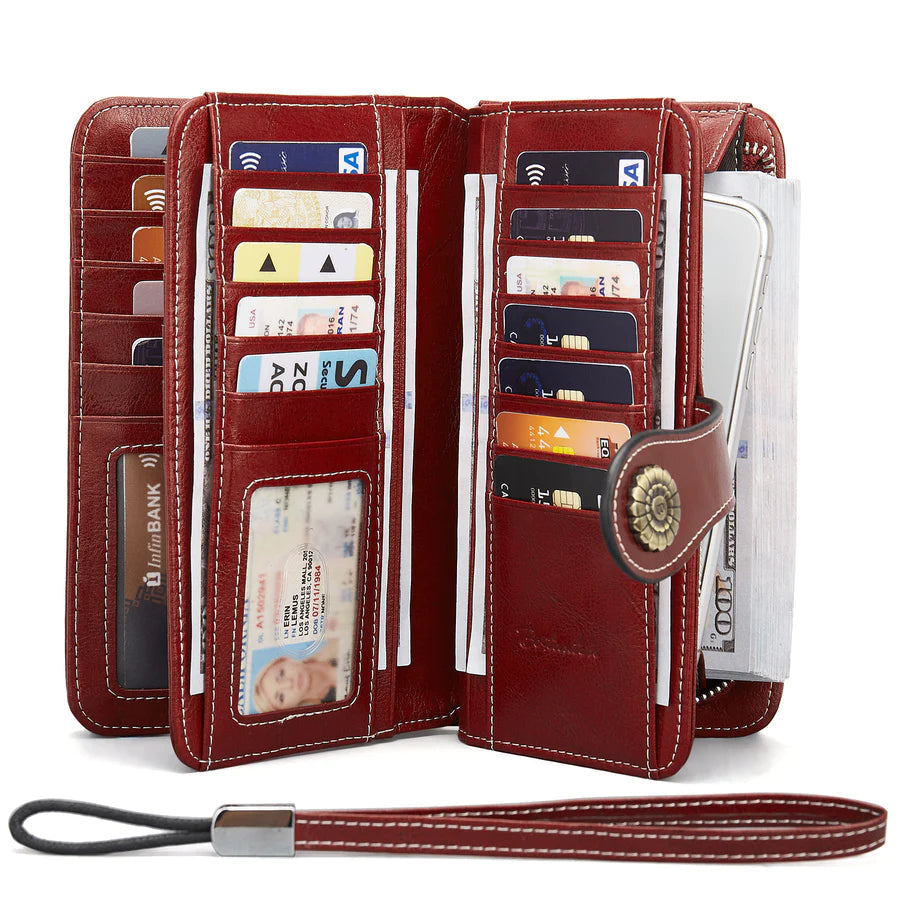 High Quality Women Wallet RFID, GENUINE LEATHER RFID BLOCKING CARDS HOLDER LARGE CAPACITY PURSES PHONE CLUTCH WITH ZIPPER POCKET WRISTLET