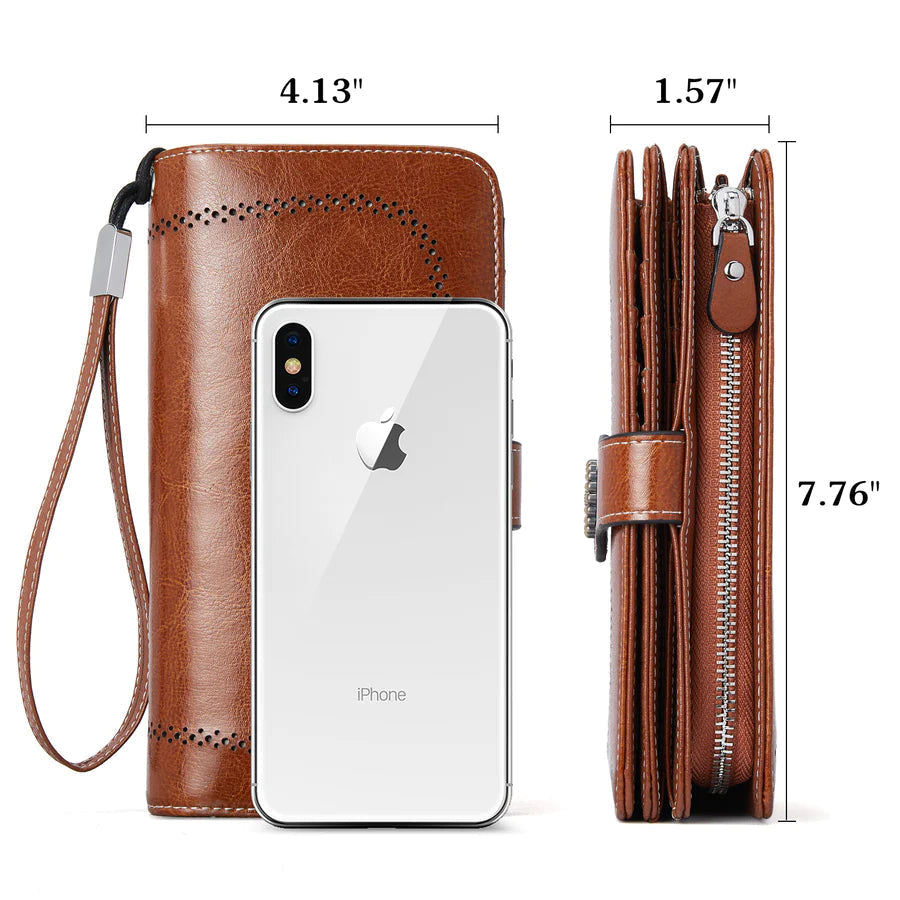 High Quality Women Wallet RFID, GENUINE LEATHER RFID BLOCKING CARDS HOLDER LARGE CAPACITY PURSES PHONE CLUTCH WITH ZIPPER POCKET WRISTLET