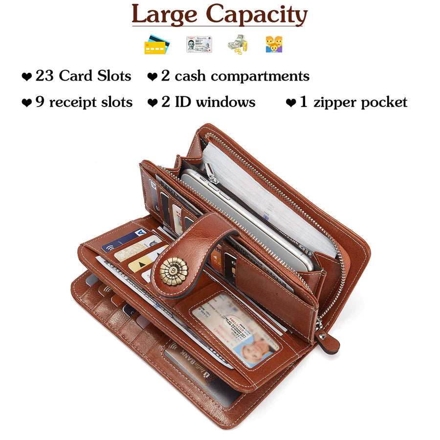 High Quality Women Wallet RFID, GENUINE LEATHER RFID BLOCKING CARDS HOLDER LARGE CAPACITY PURSES PHONE CLUTCH WITH ZIPPER POCKET WRISTLET